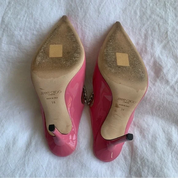 Jimmy Choo Bing 100 Shiny Patent Leather Crystal Stiletto Heels Bubble Pink - Picture 11 of 16